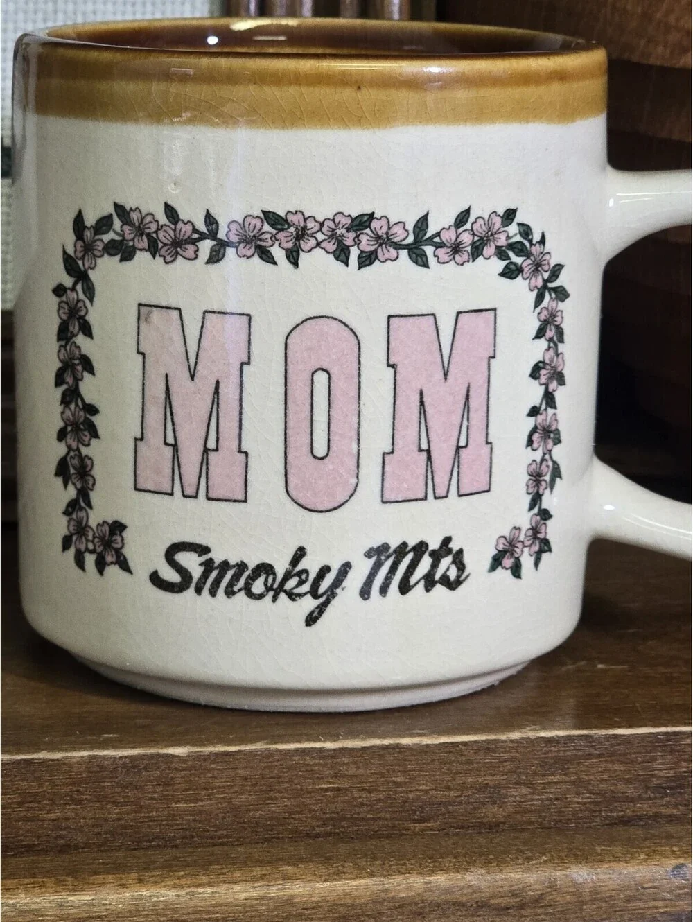 Vintage MOM Mug Retro Brown Tan Ceramic Coffee Cup Smoking Mountains